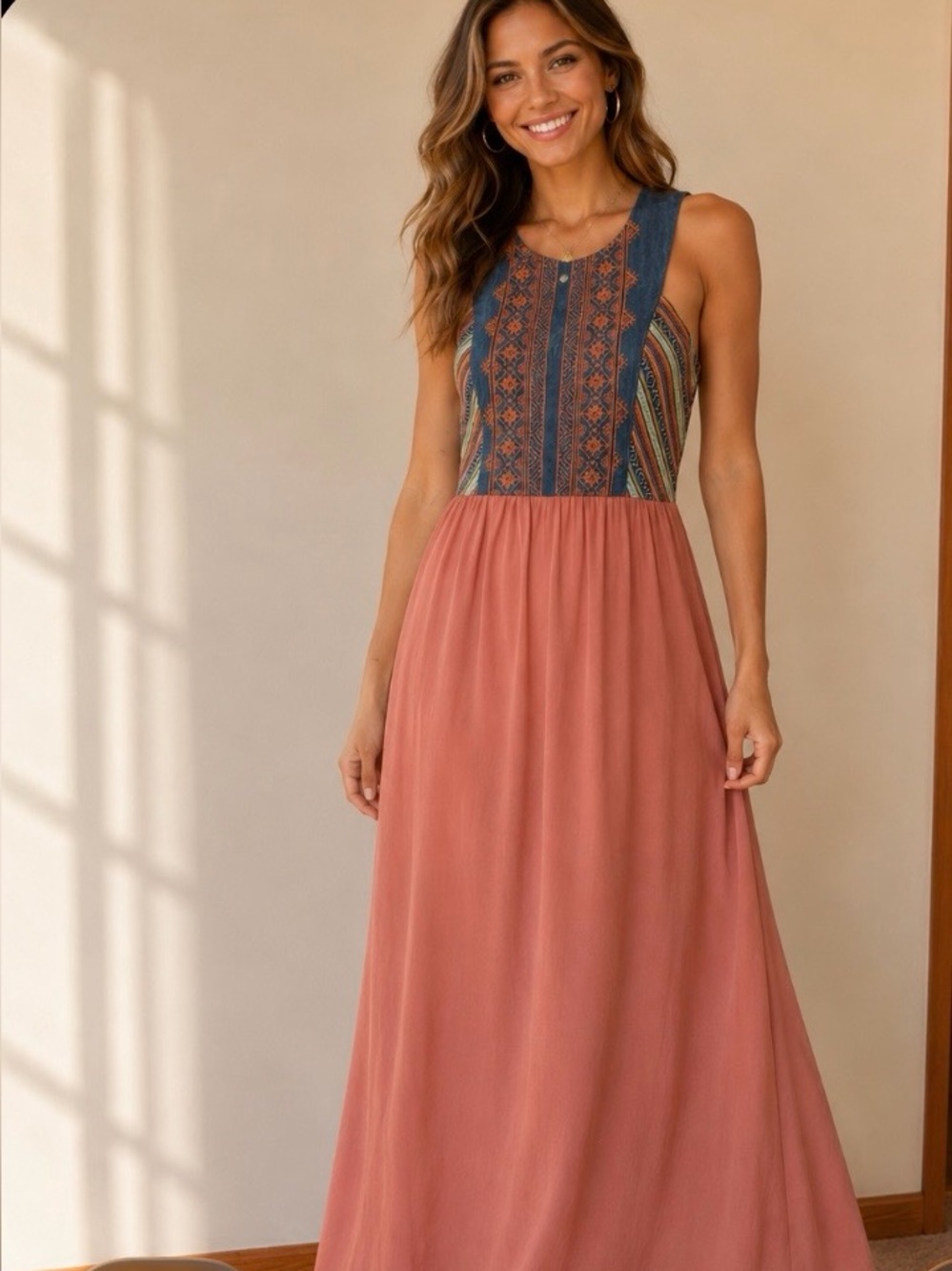 #777 Flying Tomato Embroidered Sleeveless Coral Maxi Dress with Patterned Bodice